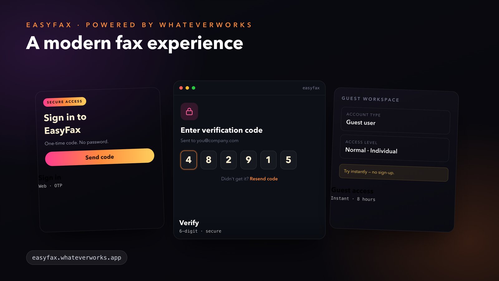 EasyFax auth flow — sign in with email, verify a 6-digit code, or open a guest workspace