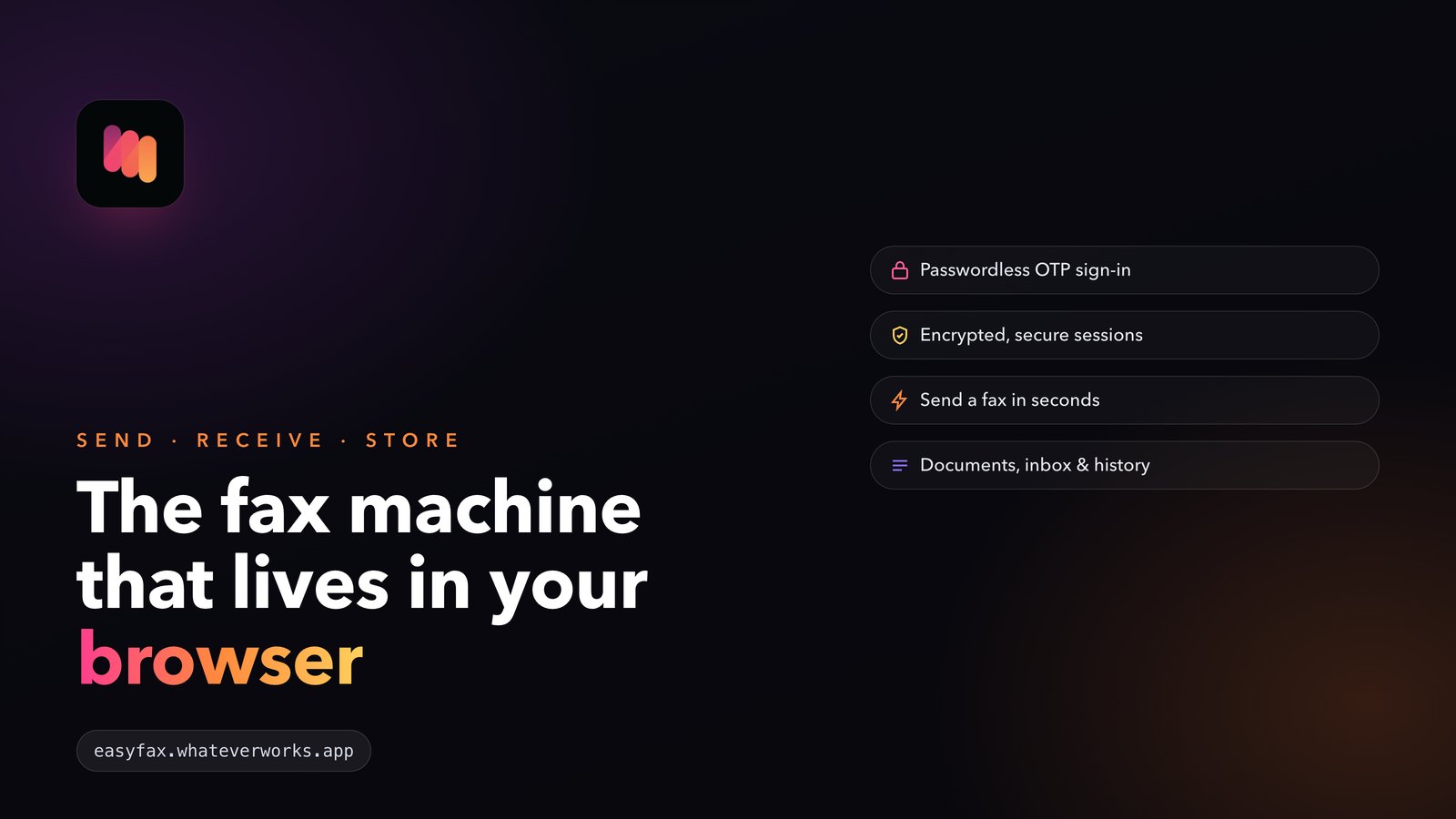 EasyFax web app hero — the fax machine that lives in your browser, with passwordless OTP sign-in and secure session badges