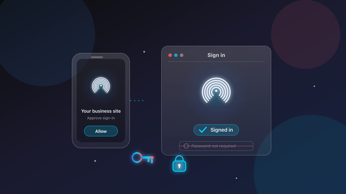 Illustration of passkey sign-in: a phone approving a passkey prompt on a business website, with the password field crossed out and a signed-in checkmark