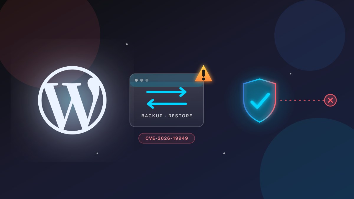Illustration of a WordPress site and a backup-restore archive under a warning sign, with a security shield blocking an incoming attack