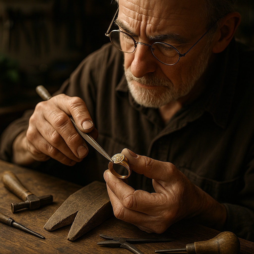 Master jeweler crafting gold ring with traditional tools in workshop